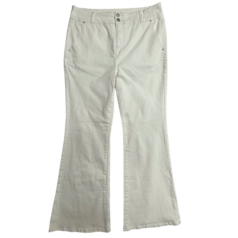 Risen Jeans Womens 2XL White Flare High‎ Rise Double Button Denim Pants